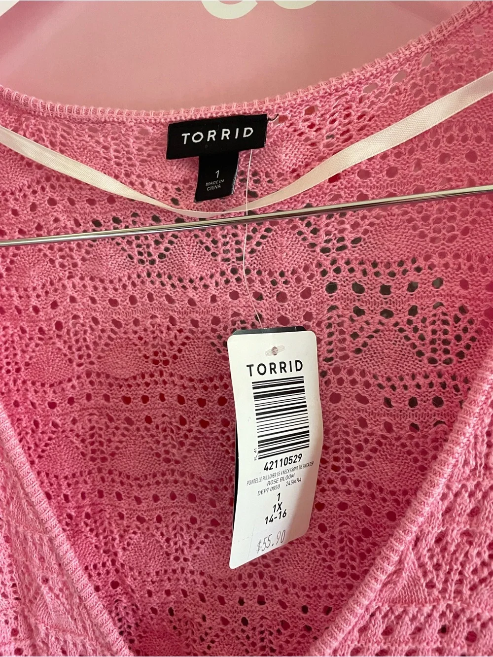 Torrid Pointelle Pullover Short Sleeve Front Tie Sweater Rose Bloom Size 1X New